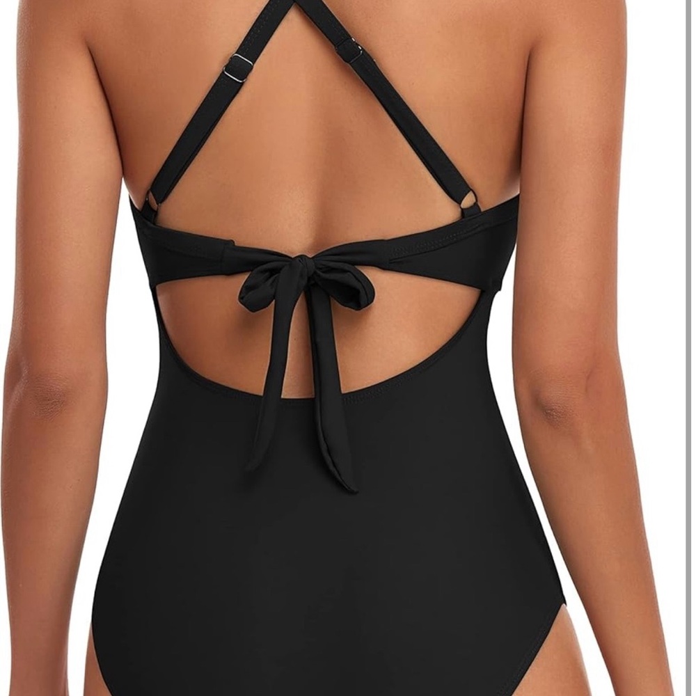 Chic Black Women's One-Piece Swimsuit Wrap tie back Tummy control L/0022 - Picture 3 of 4